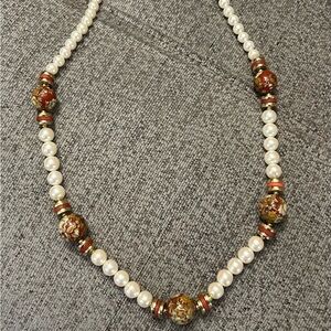 Japanese decorative enamel & pearl necklace